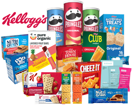 Promotional graphic featuring assorted Kellogg's snack and breakfast brands, including crackers, chips, protein bars, breakfast pastries, and snack treats.