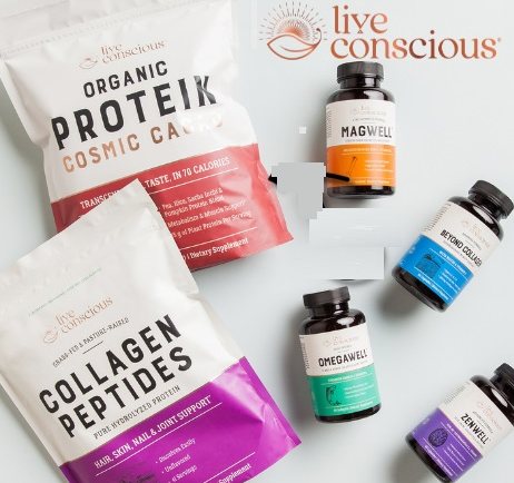 Live Conscious supplement products including collagen powder, capsules, vitamins, and wellness products.