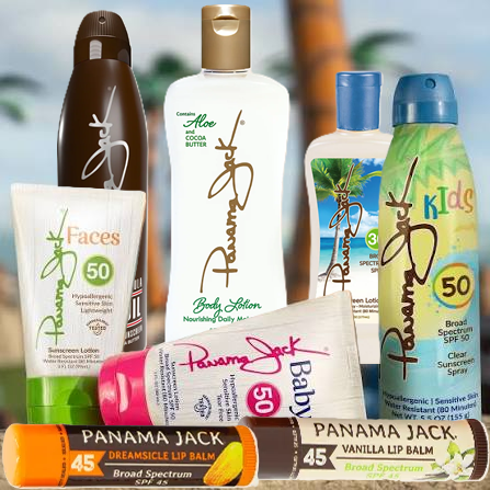 Panama Jack sunscreen and skin care products in assorted bottles and travel sets