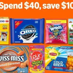 Promotional graphic advertising a $10 discount when spending $40 on qualifying snacks and beverages.