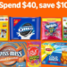 Promotional graphic advertising a $10 discount when spending $40 on qualifying snacks and beverages.