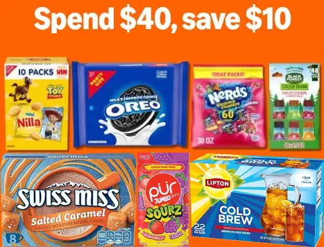 Promotional graphic advertising a $10 discount when spending $40 on qualifying snacks and beverages.