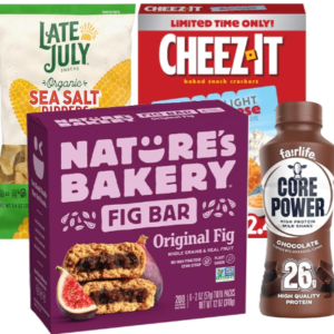 Promotional graphic featuring assorted snack foods and a buy-two-for-$7 offer.