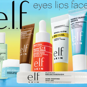 Promotional graphic featuring e.l.f. SKIN skincare products including Bronzing Drops, serums, moisturizers, cleansers, and facial treatments.