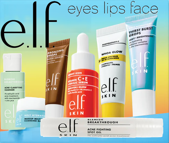 Promotional graphic featuring e.l.f. SKIN skincare products including Bronzing Drops, serums, moisturizers, cleansers, and facial treatments.