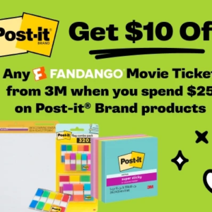 Post-it promotional graphic featuring colorful sticky notes, Post-it products, and a Fandango movie ticket offer.