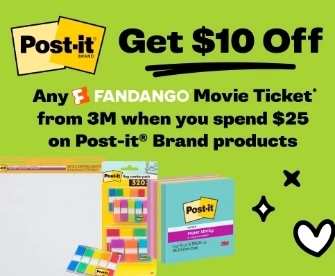 Post-it promotional graphic featuring colorful sticky notes, Post-it products, and a Fandango movie ticket offer.
