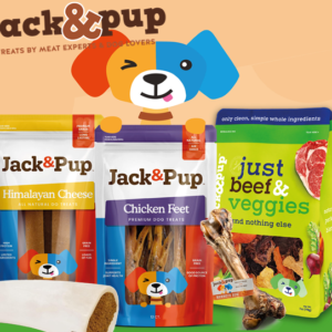 Jack&Pup dog chews including pig ears, bully sticks, gullet sticks, beef bones, and duck feet.