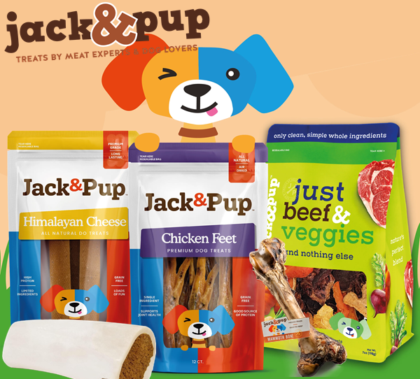 Jack&Pup dog chews including pig ears, bully sticks, gullet sticks, beef bones, and duck feet.