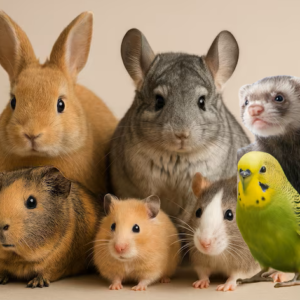 Promotional graphic featuring discounts on food, treats, bedding, and supplies for rabbits, guinea pigs, hamsters, birds, and other small pets.