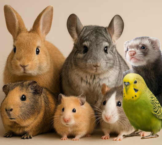 Promotional graphic featuring discounts on food, treats, bedding, and supplies for rabbits, guinea pigs, hamsters, birds, and other small pets.