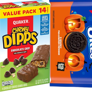 Assorted OREO cookies, snack bars, and household cleaning products featured in a shopping promotion