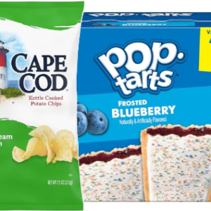 Pop-Tarts toaster pastries, Cape Cod potato chips, pasta, and apple juice featured in a food savings promotion.