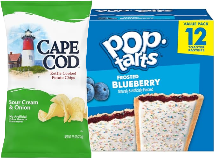 Pop-Tarts toaster pastries, Cape Cod potato chips, pasta, and apple juice featured in a food savings promotion.