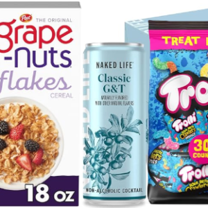 Promotional graphic advertising a $10 discount when spending $40 on qualifying grocery products including pantry staples, snacks, and beverages.