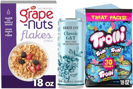Promotional graphic advertising a $10 discount when spending $40 on qualifying grocery products including pantry staples, snacks, and beverages.