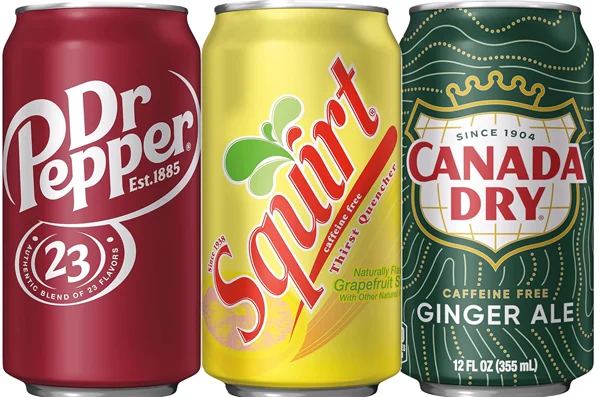 Promotional graphic featuring assorted 12-pack soda cases with a three-for-$16 beverage promotion.