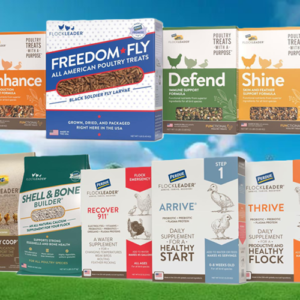 FLOCKLEADER poultry products including chicken supplements, poultry treats, black soldier fly larvae, and chicken coop care products.