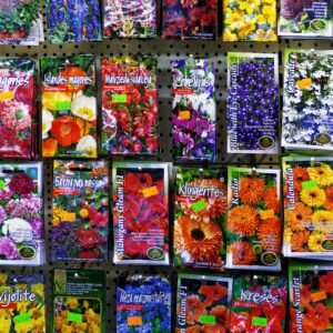 Colorful seed packets displayed for gardeners to choose from.