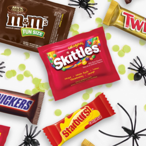 Mars Halloween candy variety featuring assorted colorful candy packages and Halloween-themed treats.