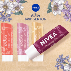NIVEA Bridgerton Design Lip Balm promotional graphic featuring branded lip care products.