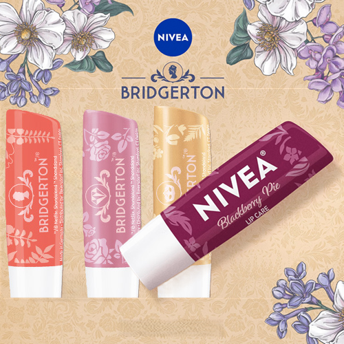 NIVEA Bridgerton Design Lip Balm promotional graphic featuring branded lip care products.