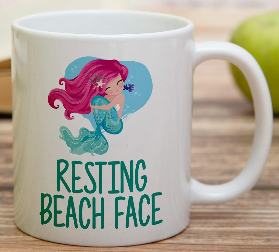 Resting Beach Face Mermaid 11-ounce white ceramic coffee mug