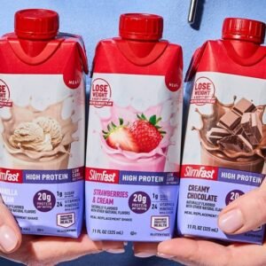 SlimFast ready-to-drink protein and meal replacement shakes in chocolate, strawberry, caramel macchiato, and vanilla varieties.