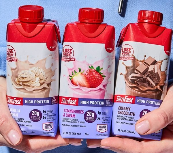 SlimFast ready-to-drink protein and meal replacement shakes in chocolate, strawberry, caramel macchiato, and vanilla varieties.