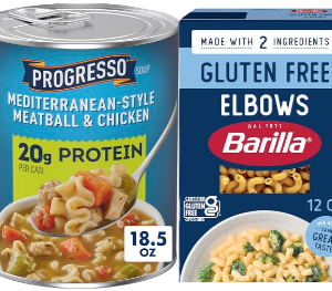 Promotional graphic featuring pasta and canned soup products for pantry shopping.