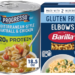Promotional graphic featuring pasta and canned soup products for pantry shopping.
