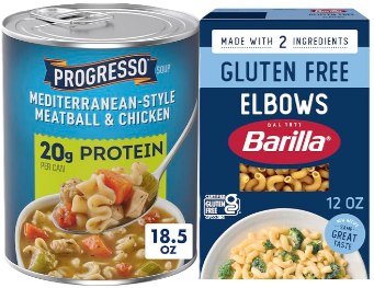 Promotional graphic featuring pasta and canned soup products for pantry shopping.