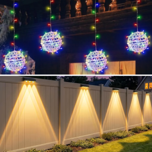 Outdoor solar lights including fence lights, pathway lights, ground lights, and post cap lights.