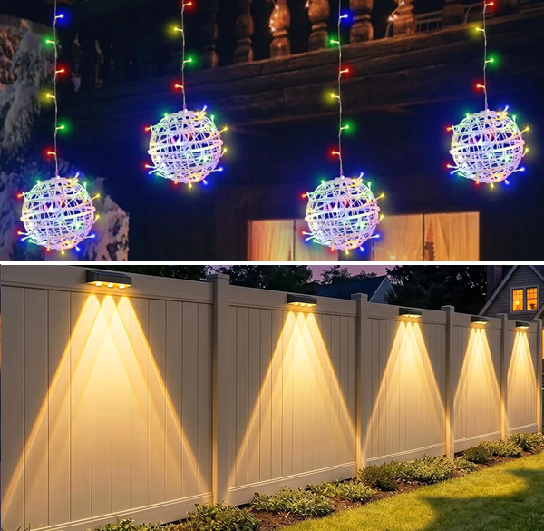 Outdoor solar lights including fence lights, pathway lights, ground lights, and post cap lights.