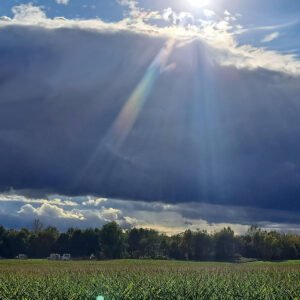 Sunlight breaking through dramatic clouds over a rural farm field.
