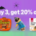Amazon Halloween promotion featuring candy, seasonal treats, costumes, and festive products with a buy three save 20 percent offer