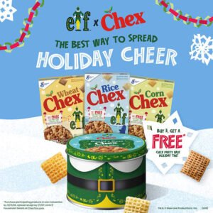 Chex x Elf holiday tin promotion graphic