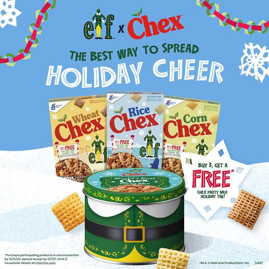 Chex x Elf holiday tin promotion graphic