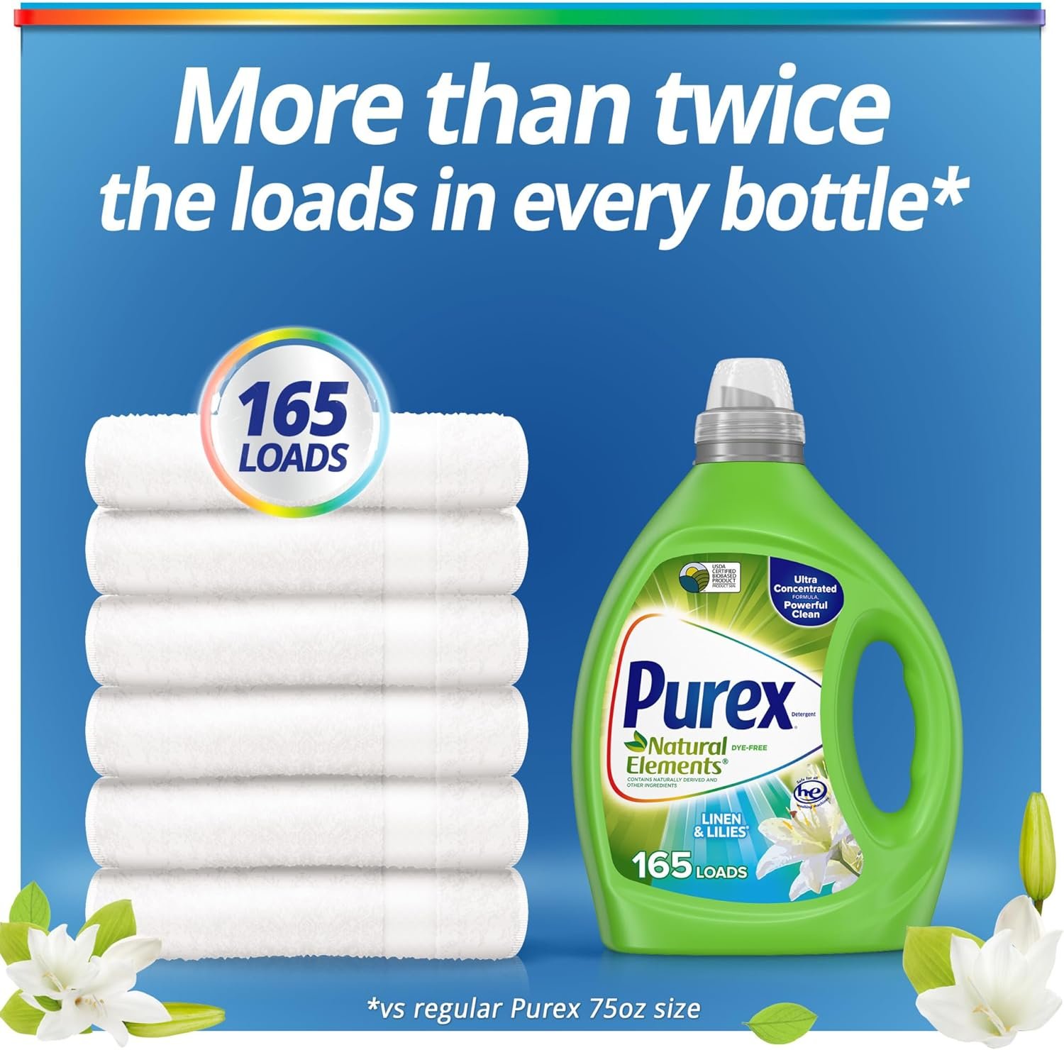 Bottle of Purex Natural Elements Ultra Concentrated Laundry Detergent in the Linen & Lilies scent on a white background.